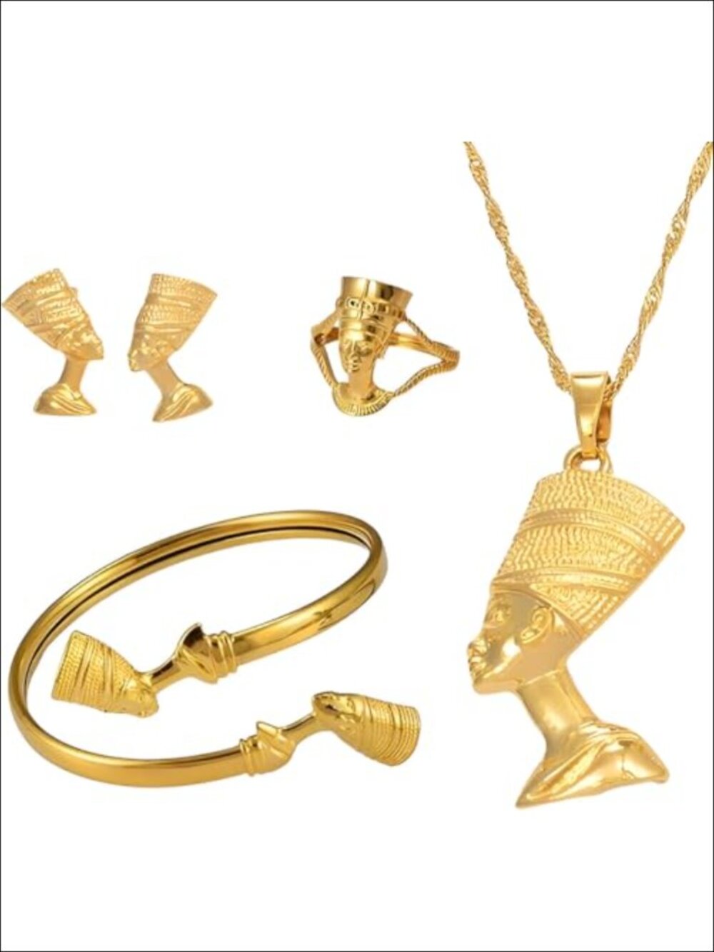 18K Gold Plated Nefertiti Ankh Africa Map Pendant Necklace 925 Silver Set